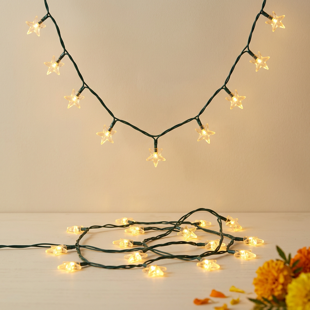Illustrative star-shaped Diwali LED string lights glowing warm gold