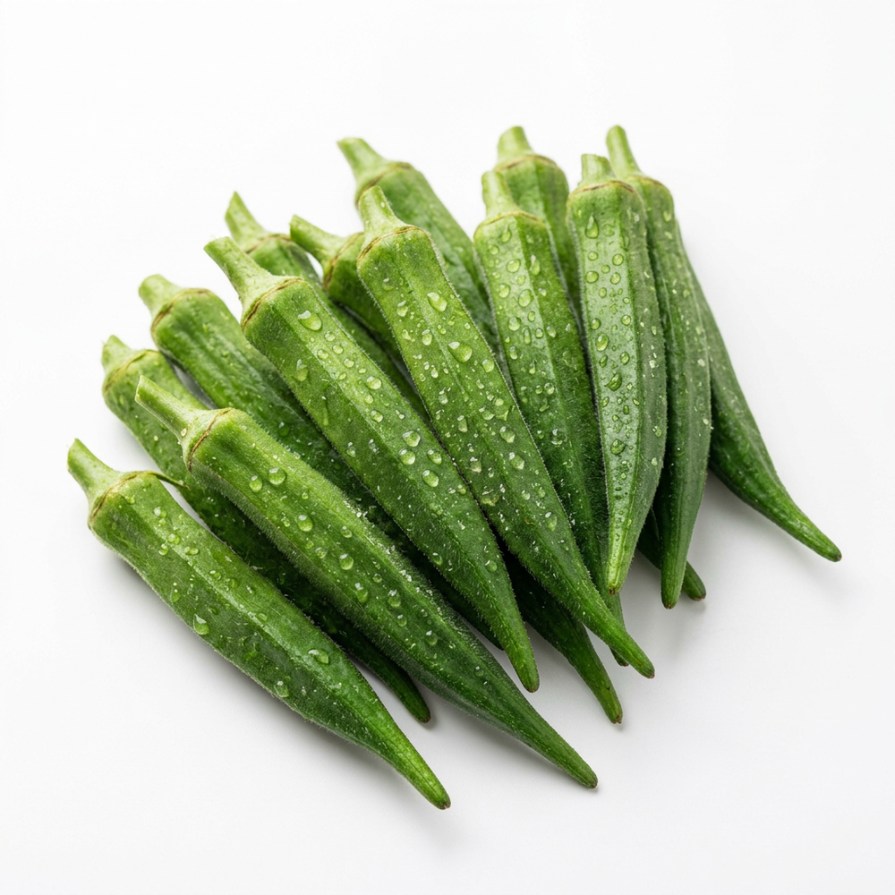 Fresh premium lady finger okra with water droplets on white background