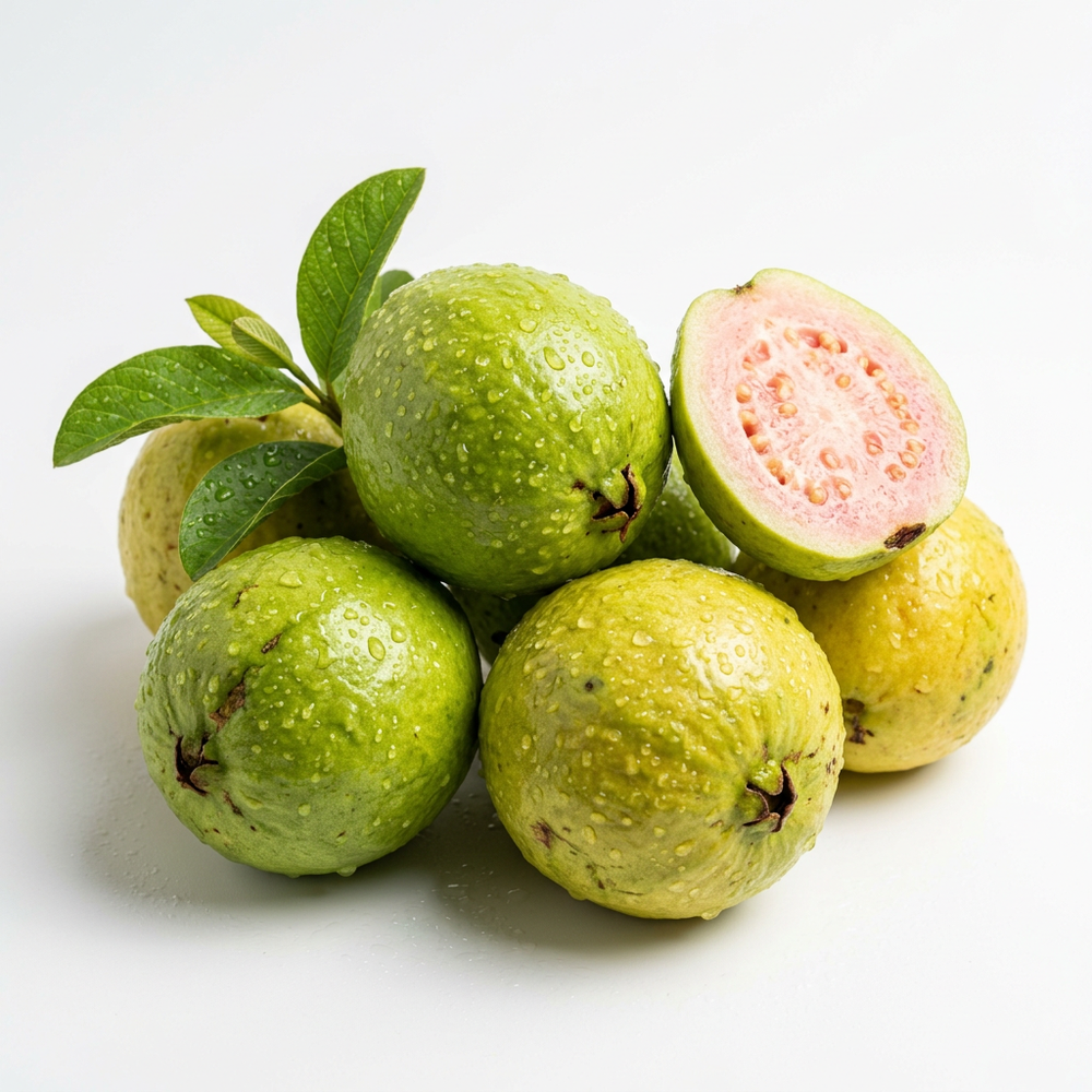 Fresh premium guavas with water droplets on white background