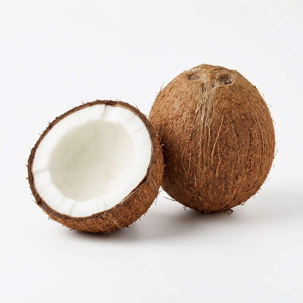 Fresh brown coconut whole and half cut showing white flesh on white background