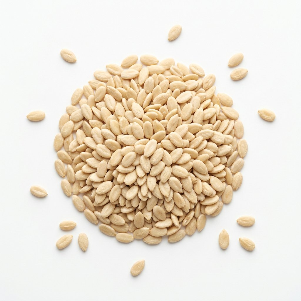 Shelled white watermelon seed kernels on a white background