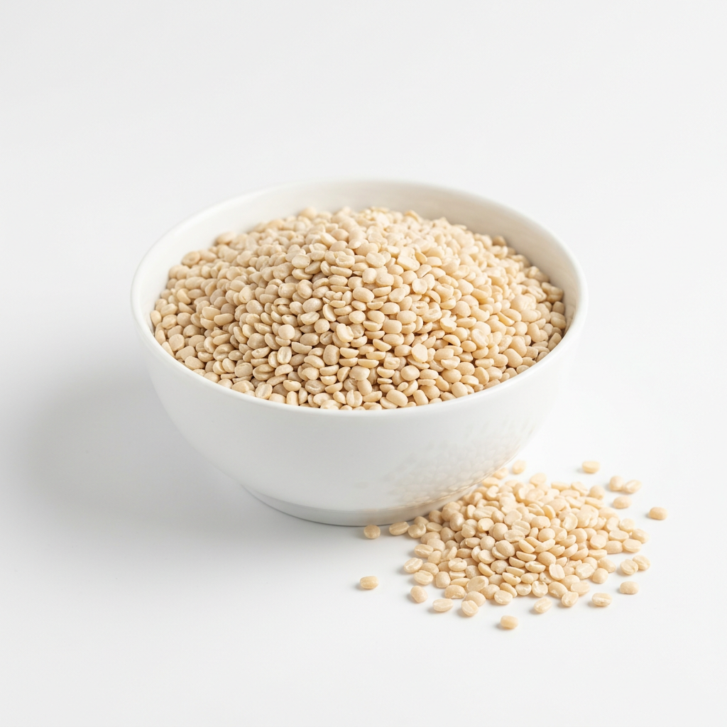 Ivory split skinless urad daal in a white bowl on a white background