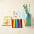 Illustrative birthday art-and-craft gift set with mini sketchbook, colour pencils, sticker sheet and gift bag