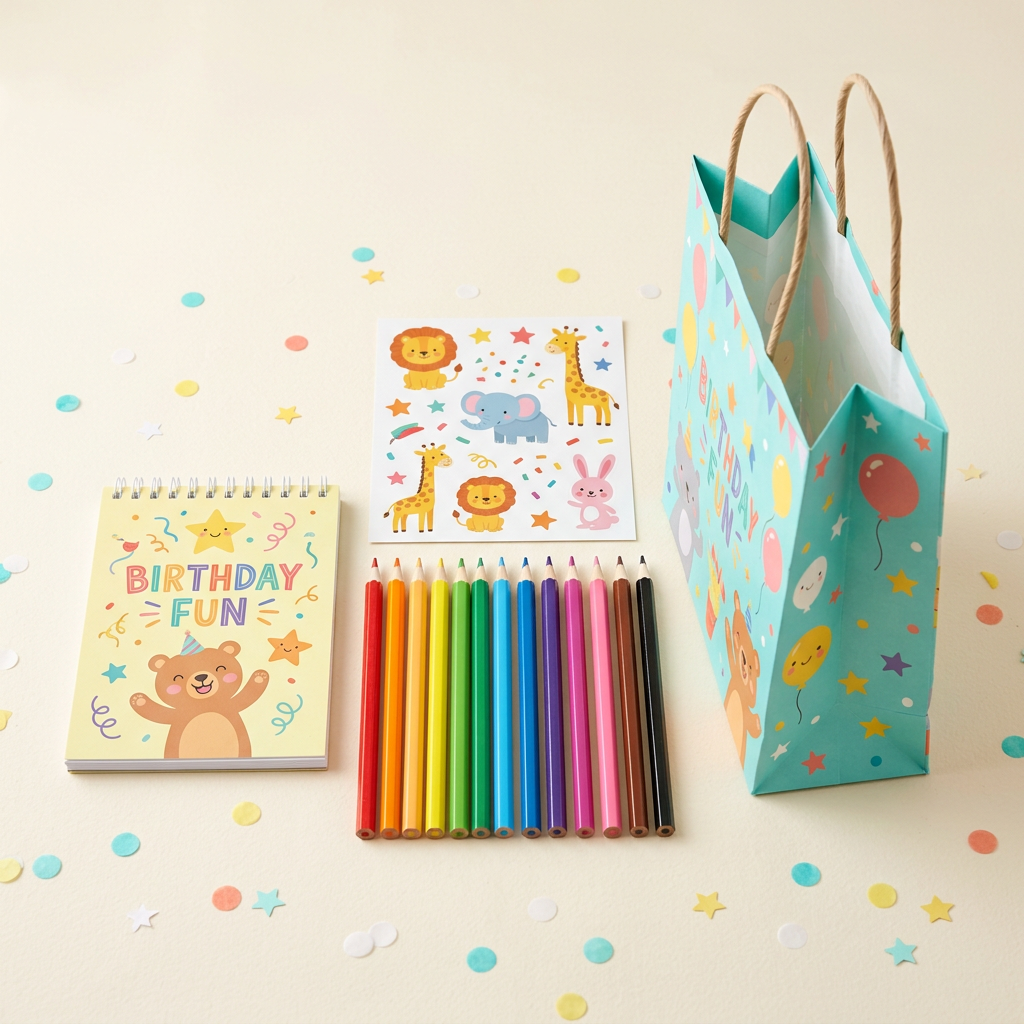 Illustrative birthday art-and-craft gift set with mini sketchbook, colour pencils, sticker sheet and gift bag