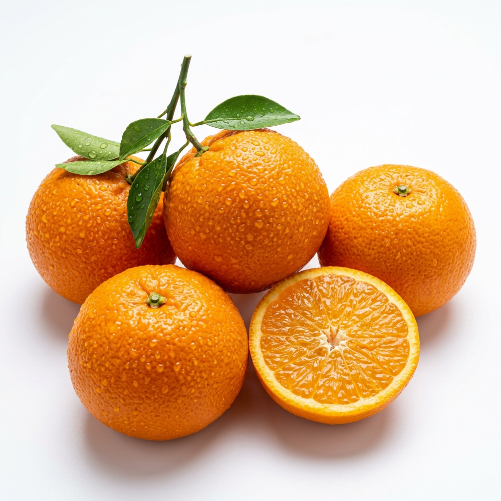 Fresh premium Nagpur oranges with water droplets on white background
